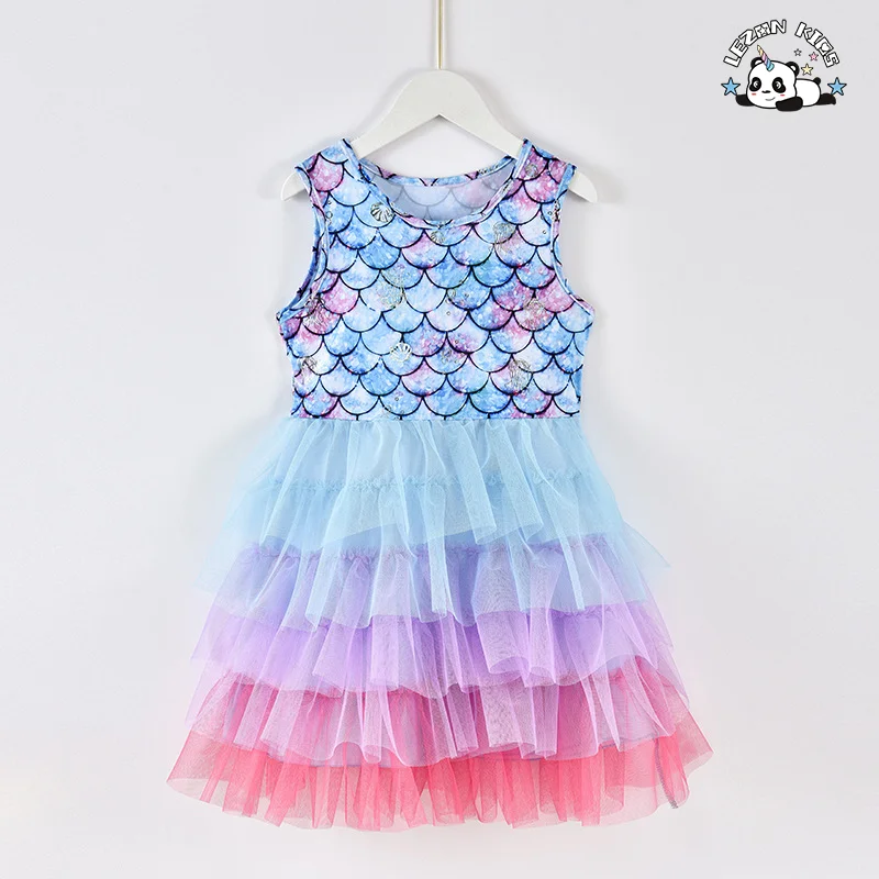LEZONKIDS - Custom Girls' Casual Mermaid Tutu Dress Layered Floral Print Lace Decor Formal Sweet Summer Outfit for Kids